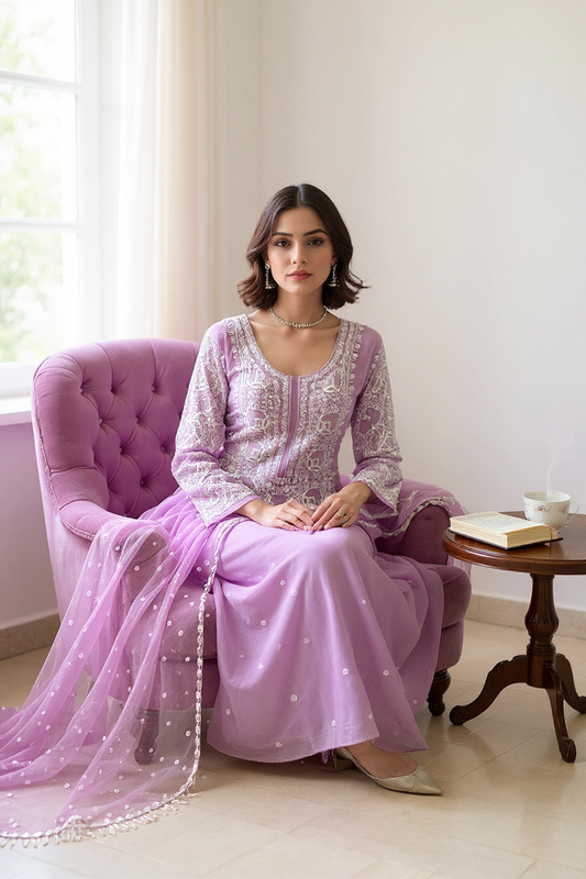 Lavender Pure Georgette Suit with Chikankari & Embellishments