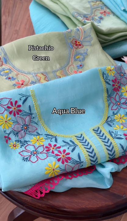 Pure Handwoven Silk Kurta Set with Multi Color Chikankari