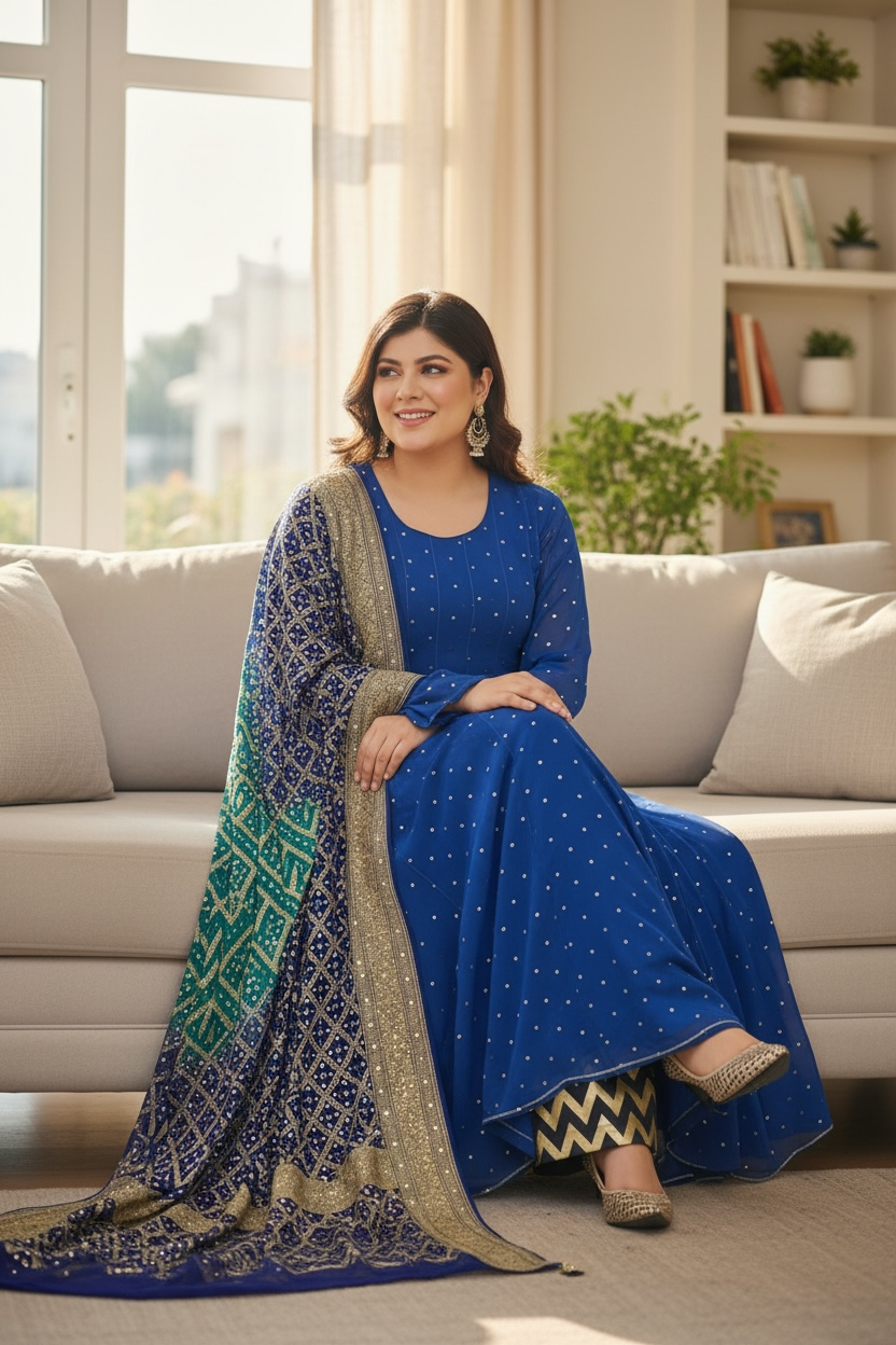 Royal Blue Mukaish Anarkali - Pure Georgette
