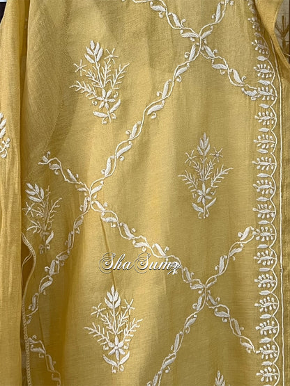 Golden Yellow Tissue Chanderi Silk Chikankari Shirt