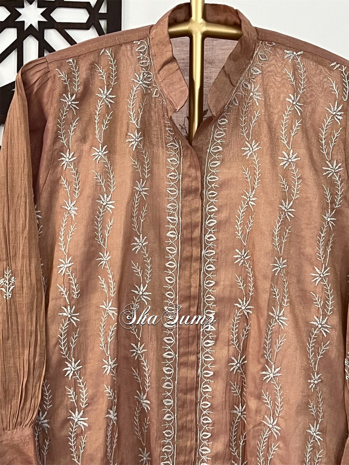 Copper Tissue Chanderi Silk Chikankari Shirt