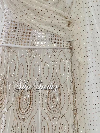 Close Up Elegant off white Mukaish lehanga with intricate embroidery and shimmering sequins on pure georgette fabric.
