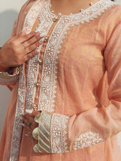 Blush Peach Tissue Chanderi Anarkali with Chikankari & Brocade Sharara