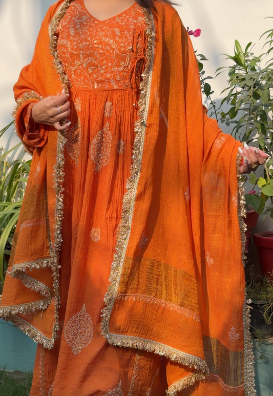 Rust Orange Tissue Angarkha with Chikankari