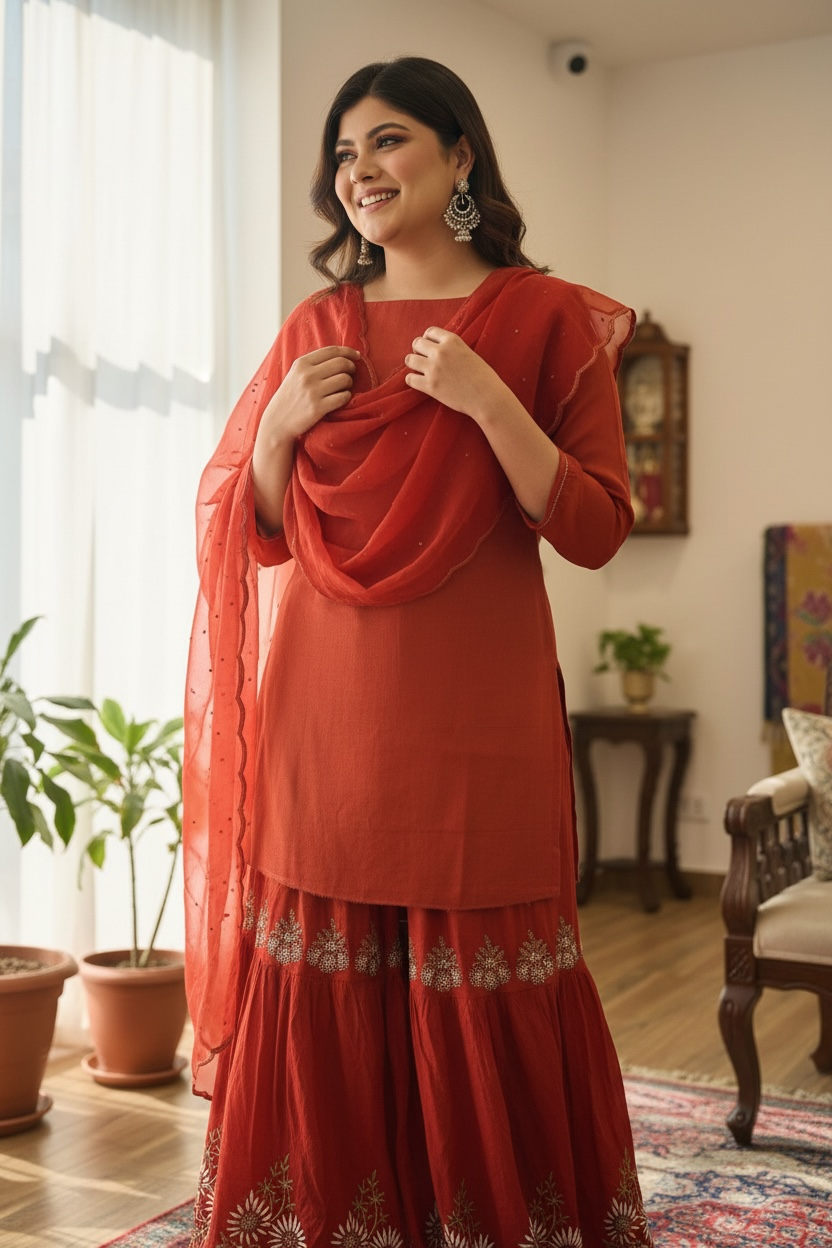 Rust Orange Chikankari Gharara on Tissue Chanderi