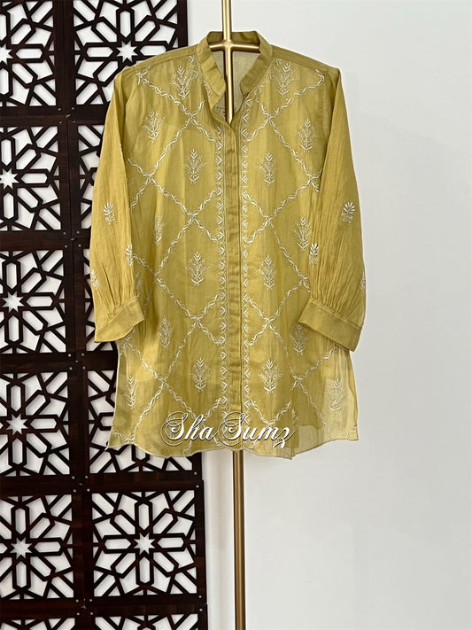 Mustard Yellow Tissue Chanderi Silk Chikankari Shirt