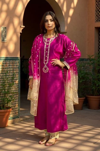 Fuchsia Rose Pure Silk Suit with Chikankari & Embellishments