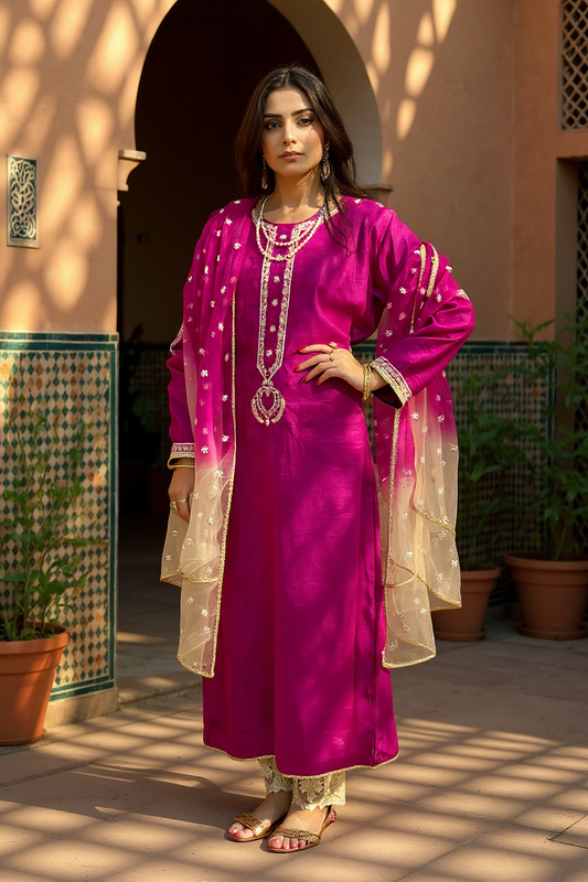 Fuchsia Rose Pure Silk Suit with Chikankari & Embellishments