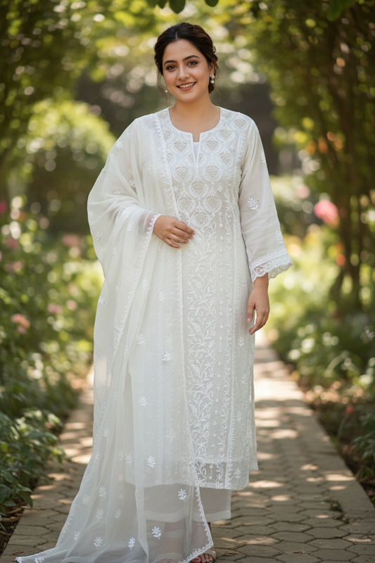 White Pure Organza Chikankari Suit Set with Kamdani (Dyeable) – Handcrafted Lucknowi Chikankari