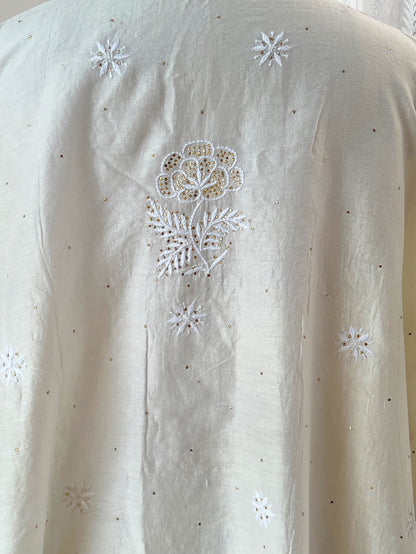 Pearl White Chanderi Kurti with Chikankari, Appliqué & Kamdani