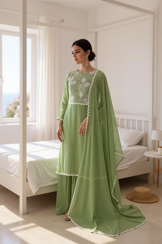 Sage Green Chikankari & Embellishments Suit Set