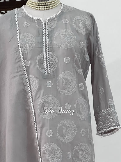 Birds Design Suit on Light Grey Cotton Voile