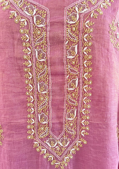 Dusty Rose Tissue Chanderi Silk Suit with Chikankari | Crescent Design