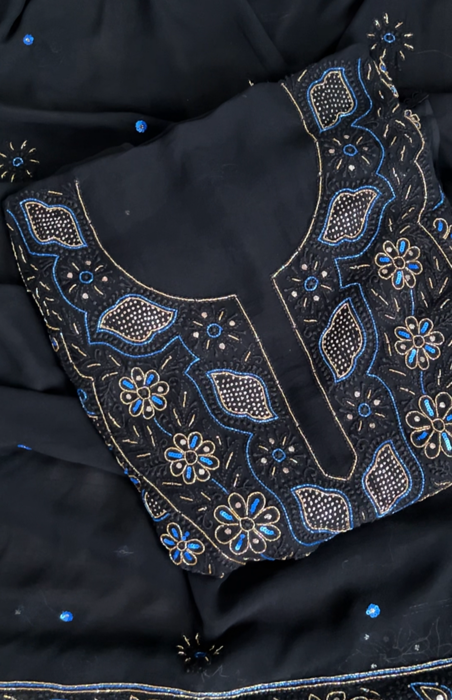 Black Pure Georgette Suit with Chikankari, Blue & Gold Embellishments