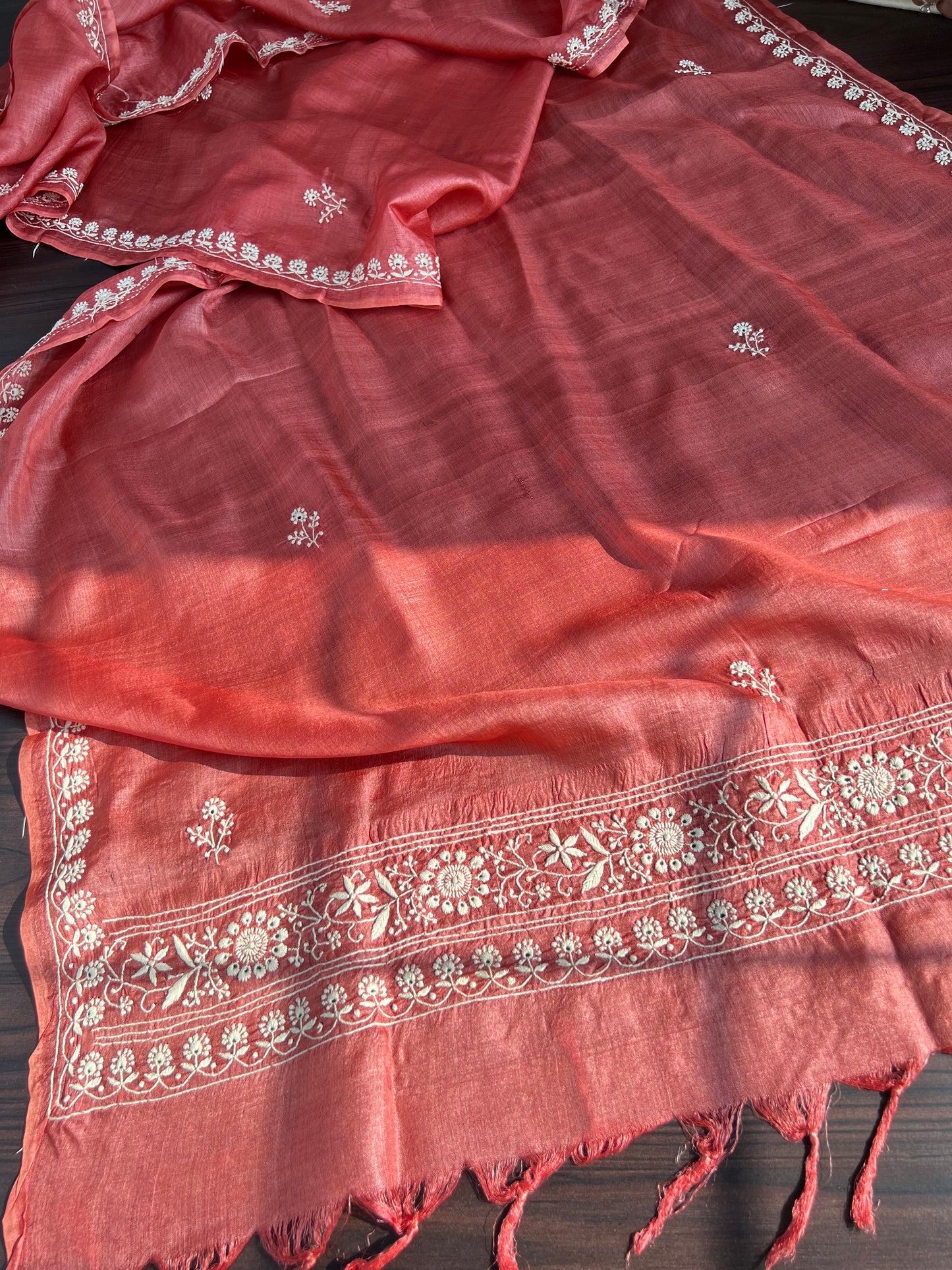 Beige & Rust Pure Munga Silk Suit with Chikankari