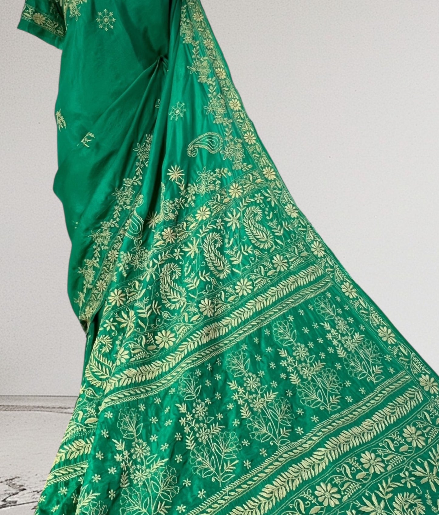 Emerald Green Silk Saree with Chikankari