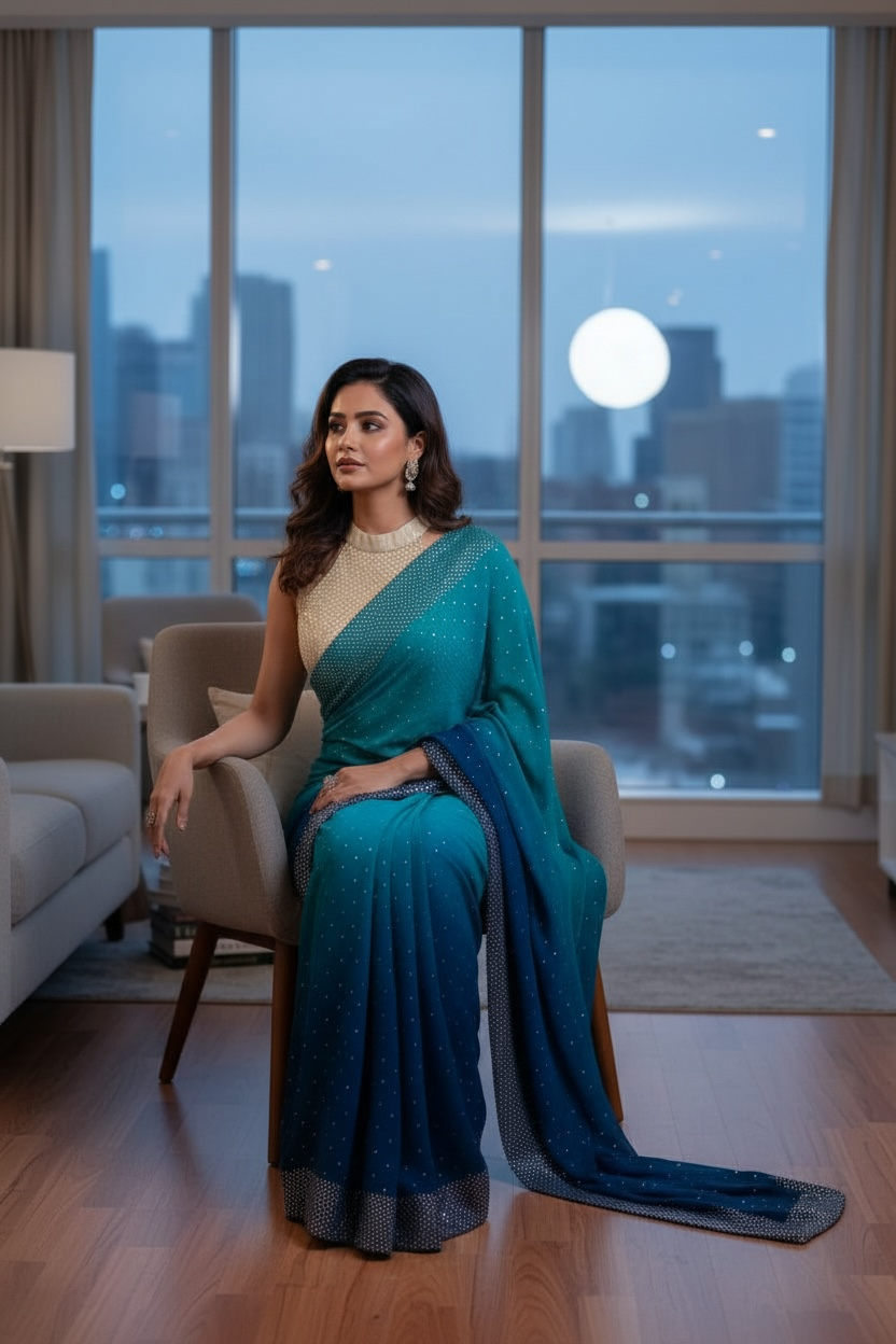 Mukaish Saree in Peacock Blue-Green