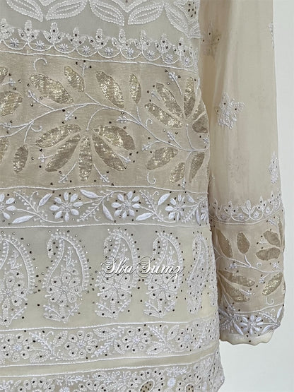 Ivory Chikankari & Mukaish Co-Ord Set with Tissue Applique