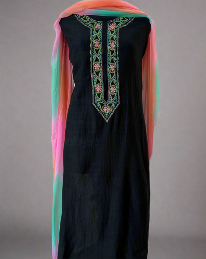 Black Mul Chanderi Kurta with Multi Color Chikankari