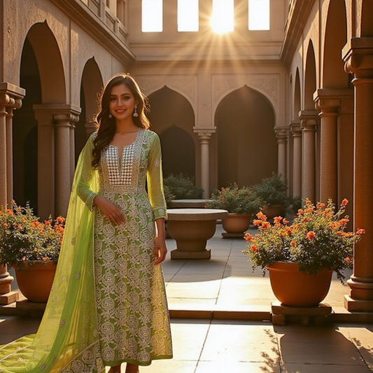 Apple Green Organza Chikan Suit