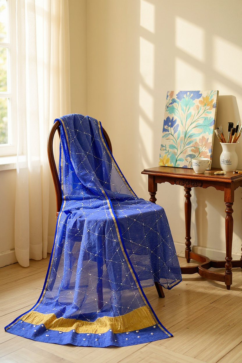 Indigo Blue Pure Tissue Chanderi Mukaish Suit