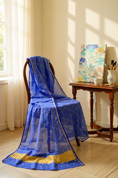 Indigo Blue Pure Tissue Chanderi Mukaish Suit