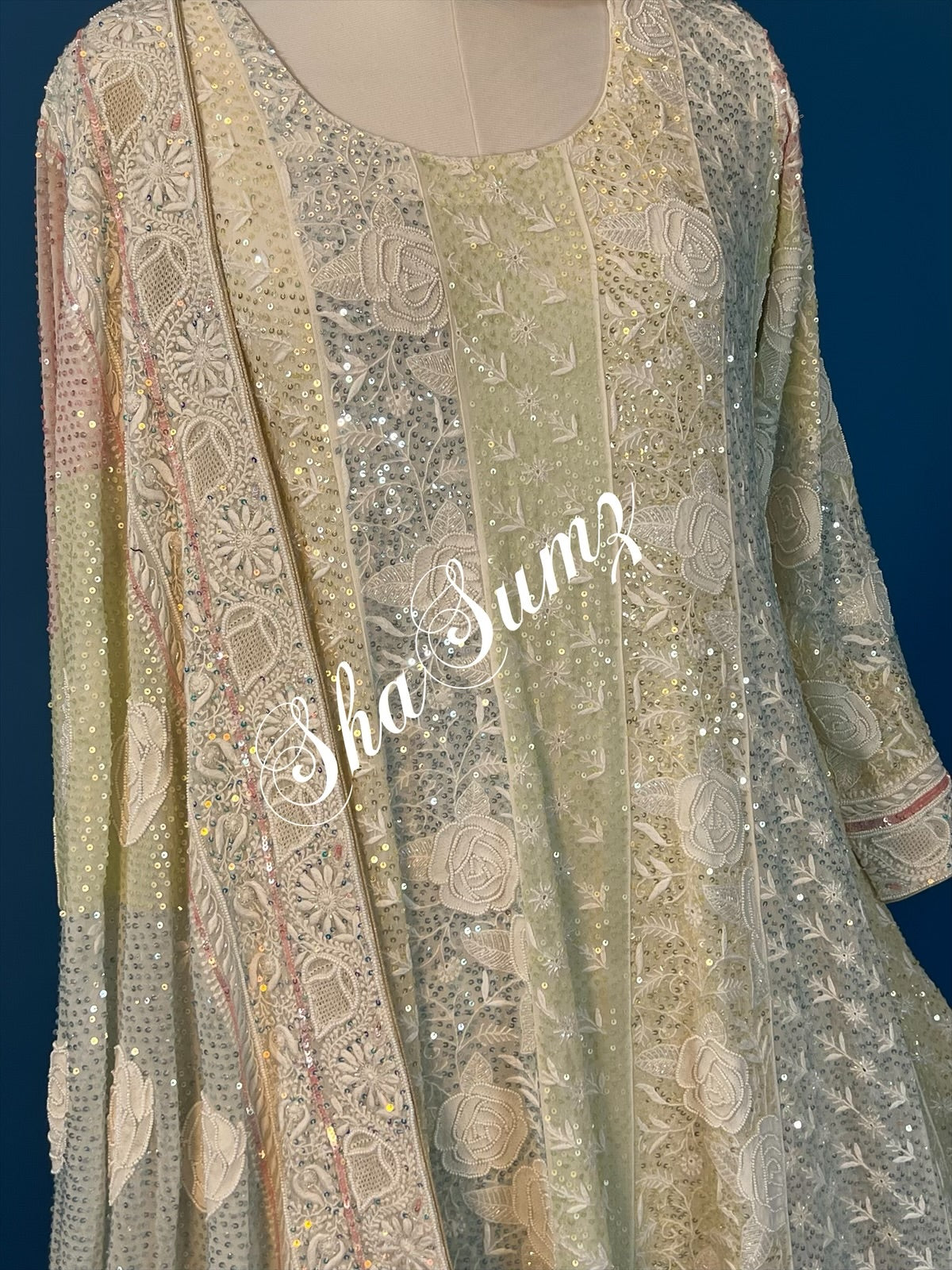 Anarkali with Roses Design in Do Taar Chikankari and embellishments