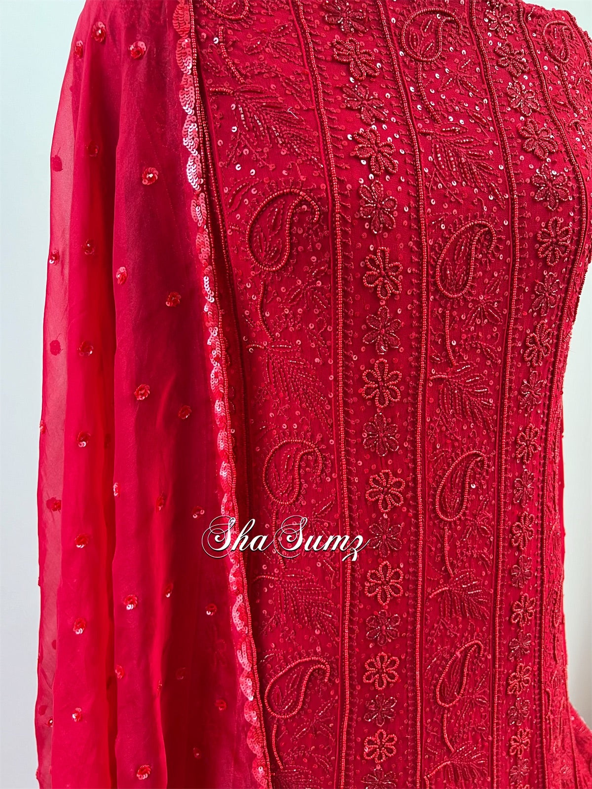 Carmine Red Anarkali with Chikankari & Embellishments.