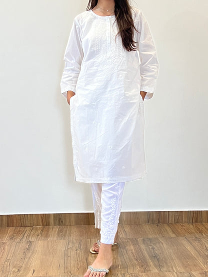 Pearl White Cotton Kurta with Chikankari & Haath Jaali