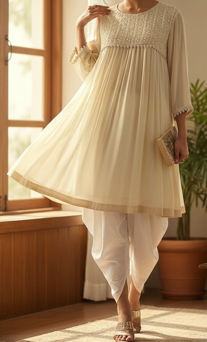 Ivory Georgette Short Flared Shirt with Handcrafted Chikankari & Embellishments