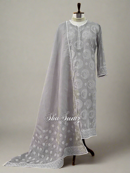 Birds Design on Light Grey Cotton Voile Suit