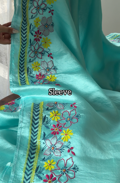 Pure Handwoven Silk Kurta Set with Multi Color Chikankari