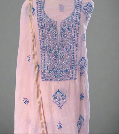 Powder Pink Mul Chanderi Suit with Blue & Purple Chikankari