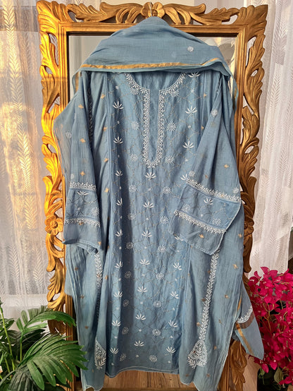 Powder Blue Chikankari & Mukaish Chanderi Silk Suit Set