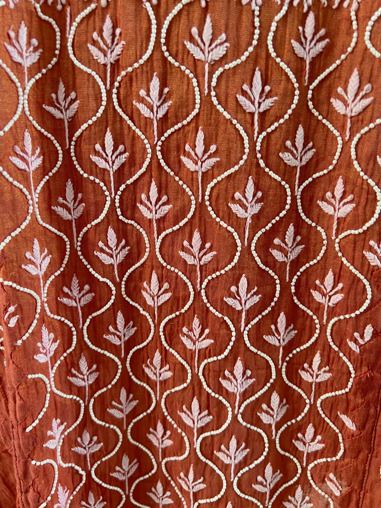 Burnt Peach Tissue Chanderi Silk Suit with Chikankari and Embellishments