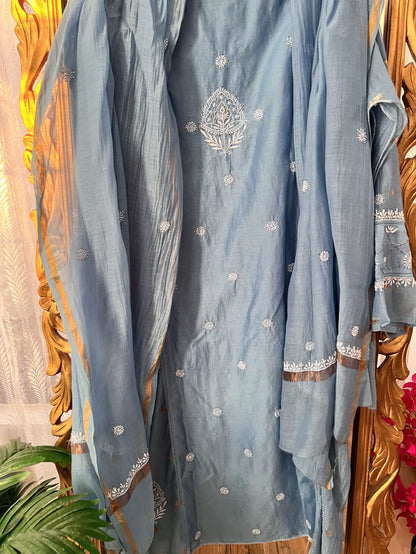 Powder Blue Chikankari & Mukaish Chanderi Silk Suit Set