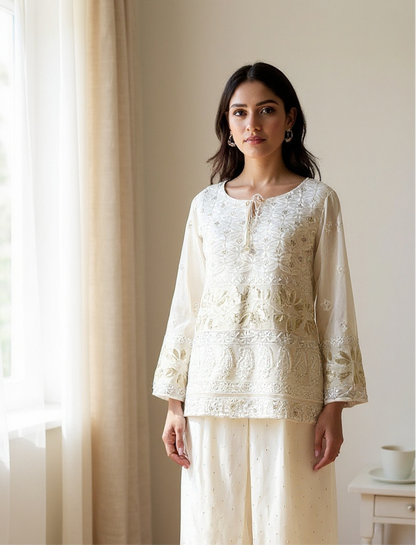 Ivory Chikankari & Mukaish Co-Ord Set with Tissue Applique
