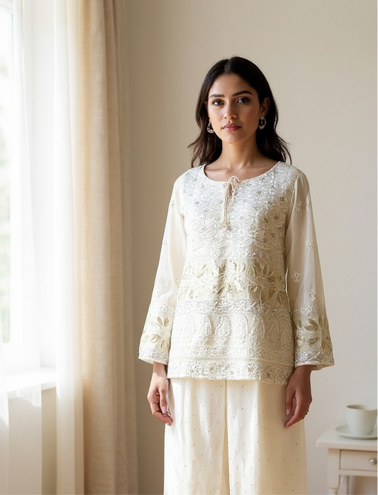 Ivory Chikankari & Mukaish Co-Ord Set with Tissue Applique