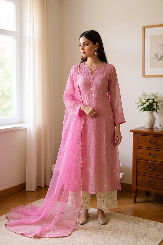 Elegant woman in a pink organza suit with Mukaish embroidery, styled for a festive occasion.