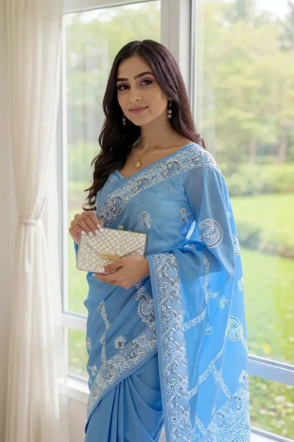 Powder Blue Saree with Do Taar Chikankari & Embellishments