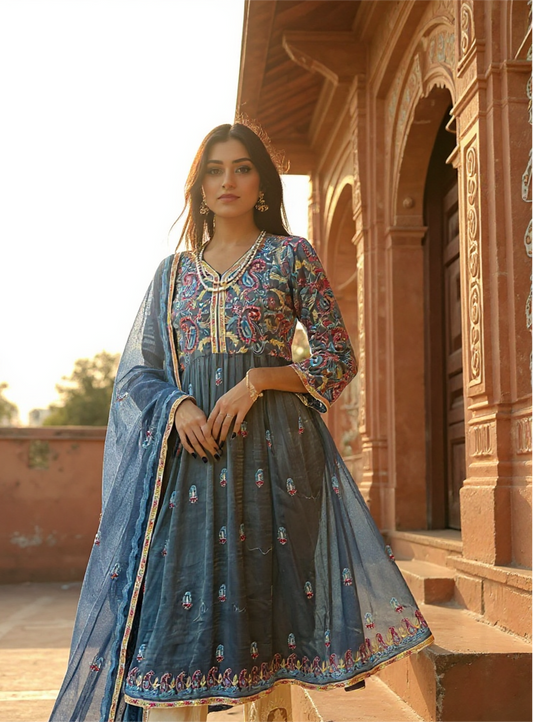 Persian Blue Tissue Chanderi Peshwaz