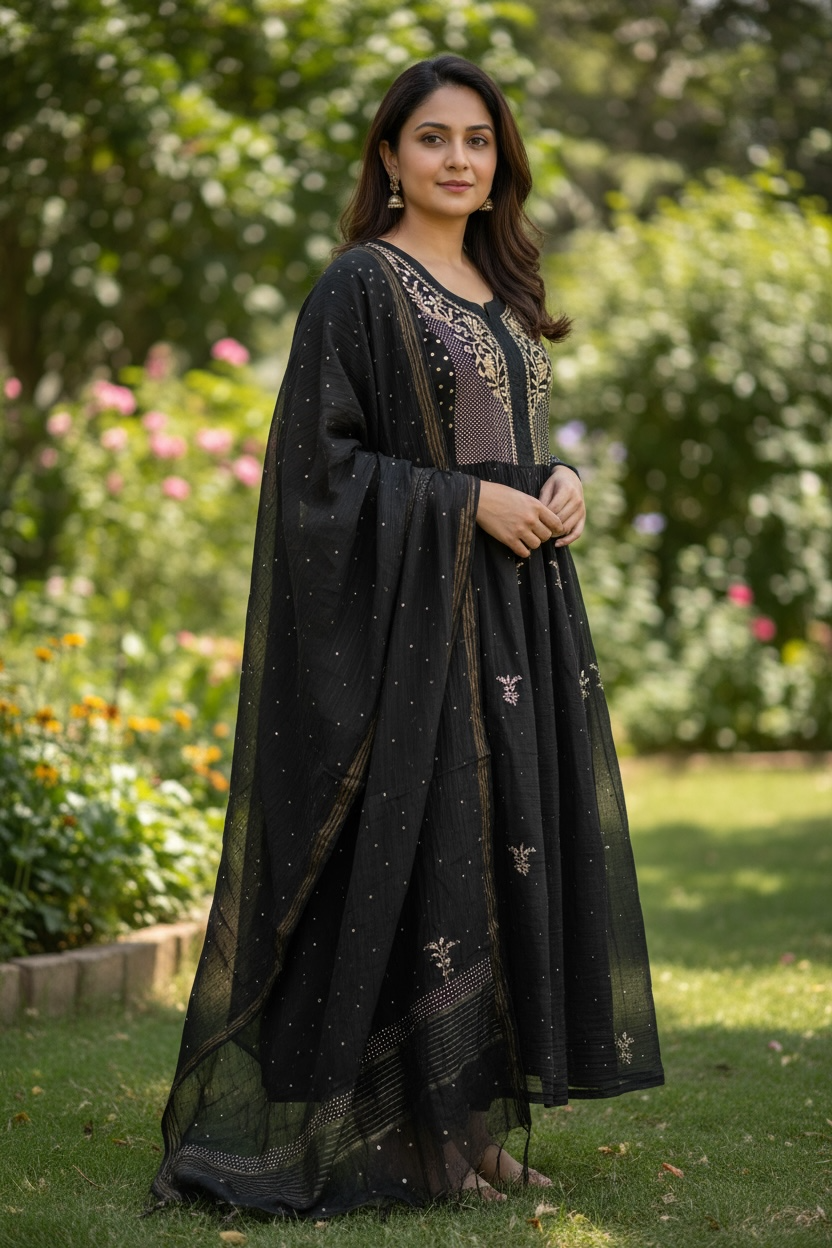 Black Mul Chanderi Bhopali Peshwaz with Mukaish