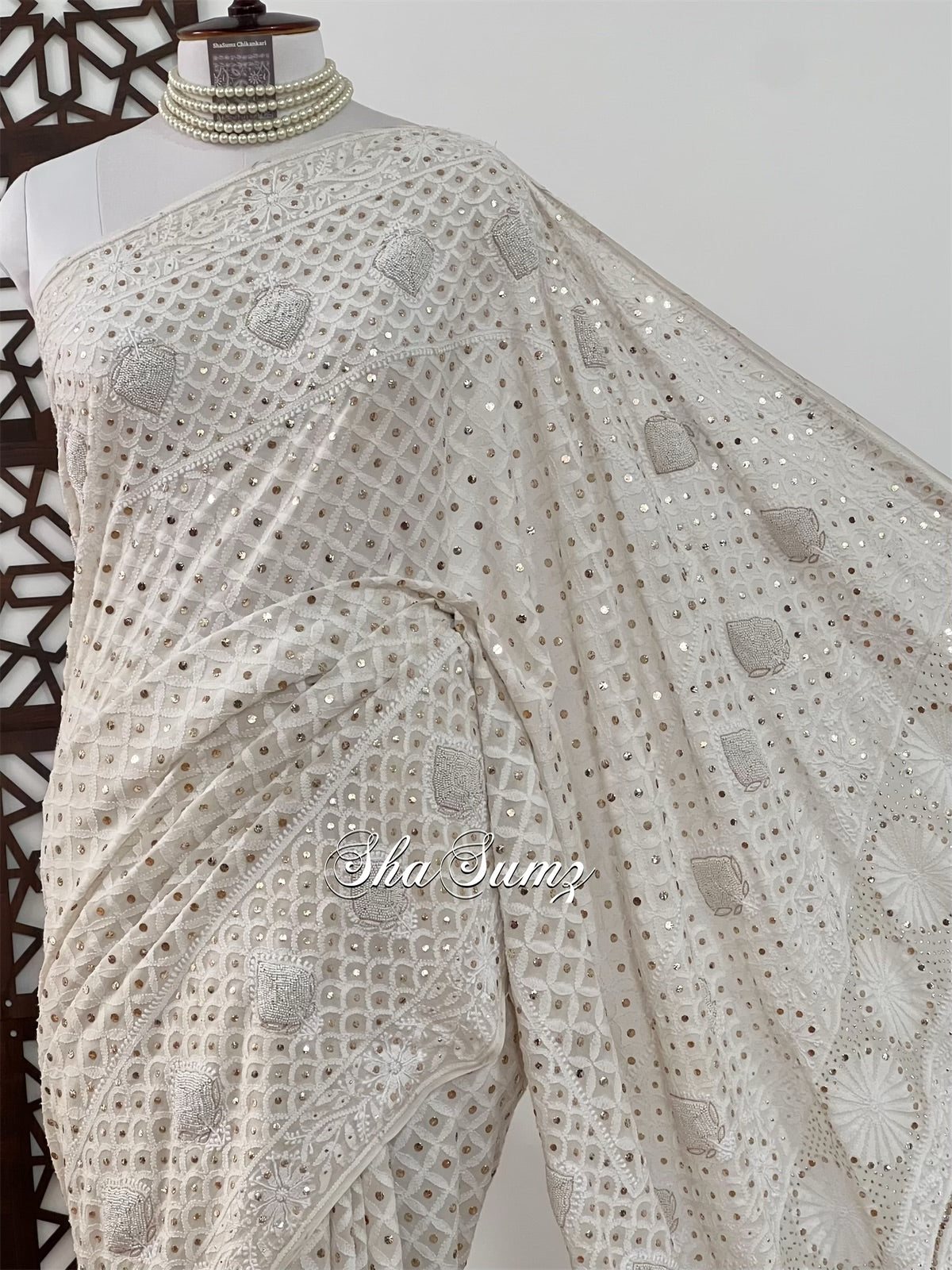 Lily White Saree with Chikankari, Mukaish & Pearls