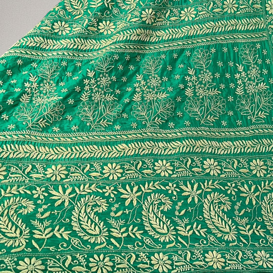 Emerald Green Silk Saree with Chikankari