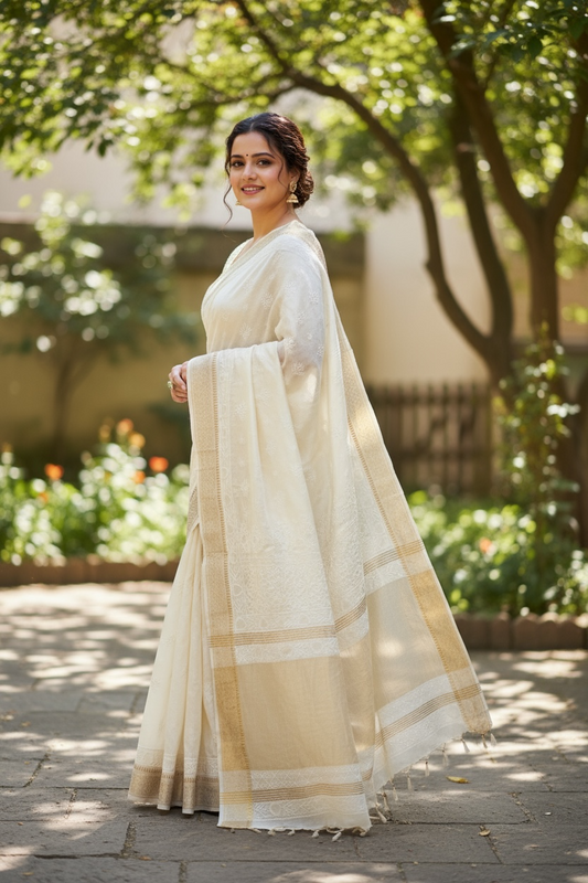 Model wearing Pure Silk Saree with Chikankari & Zari Border