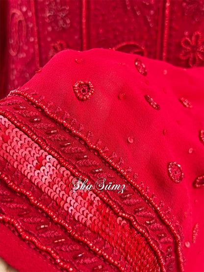 Carmine Red Anarkali with Chikankari & Embellishments.