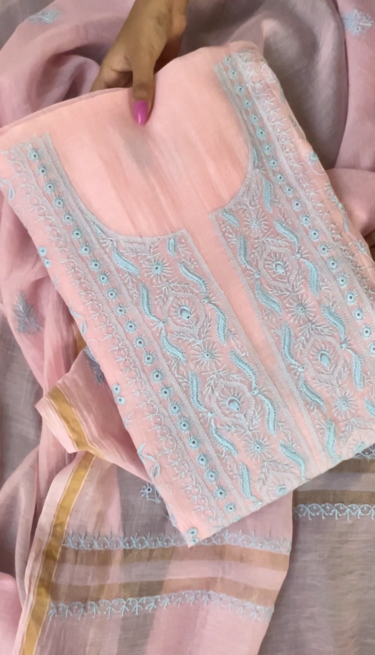 Blush pink mul chanderi suit with blue chikankari embroidery, perfect for festive occasions and elegant gatherings.