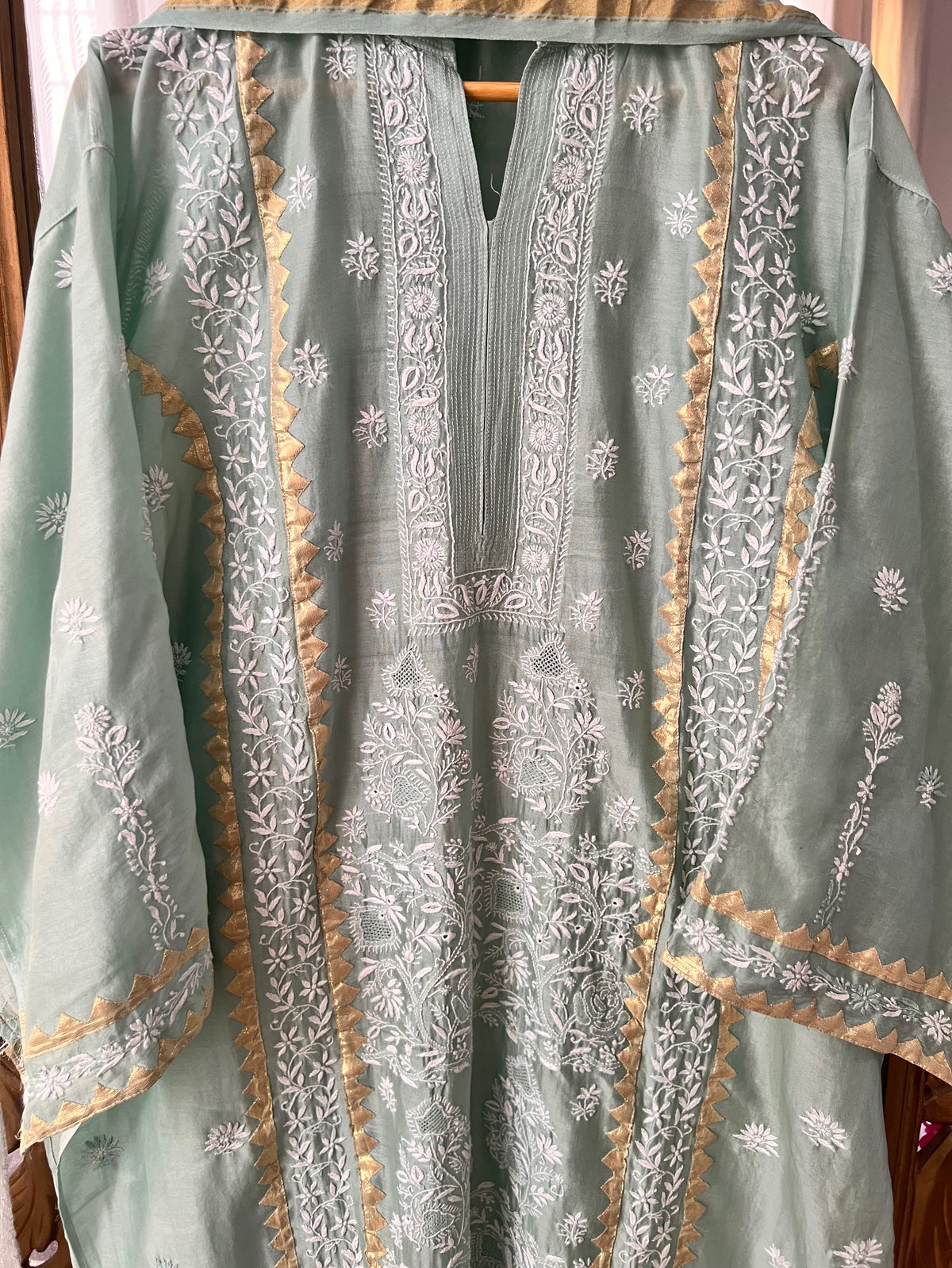 Moss green Pure Chanderi Silk Kurta Set with Chikankari and Applique