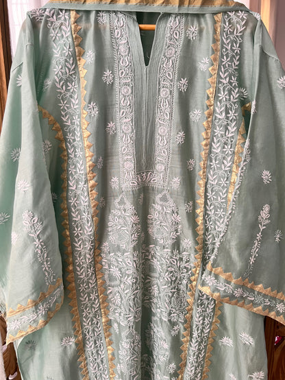 Moss green Pure Chanderi Silk Kurta Set with Chikankari and Applique