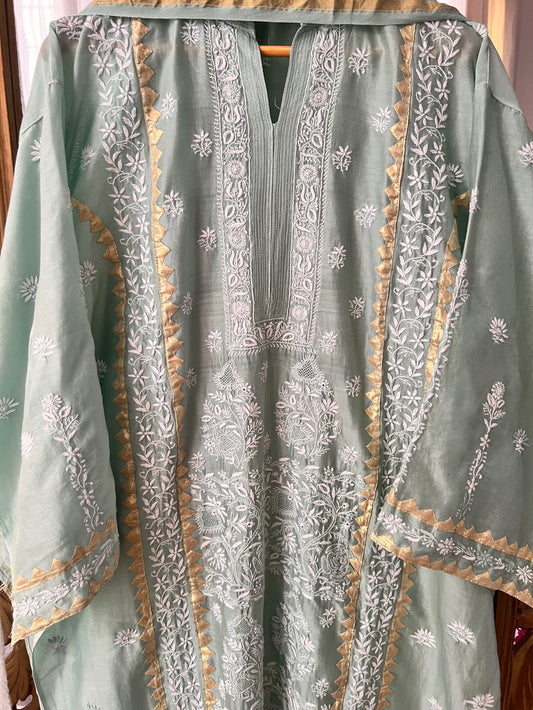 Moss green Pure Chanderi Silk Kurta Set with Chikankari and Applique